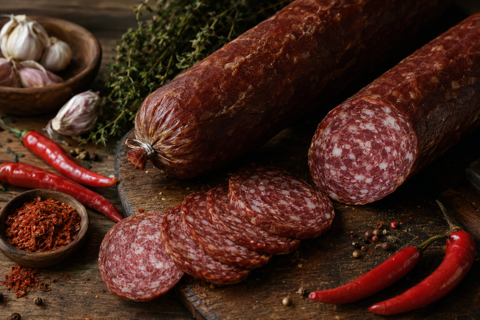 Hausmacher Salami mit Chili, angeschnitten auf einem Holzbrett