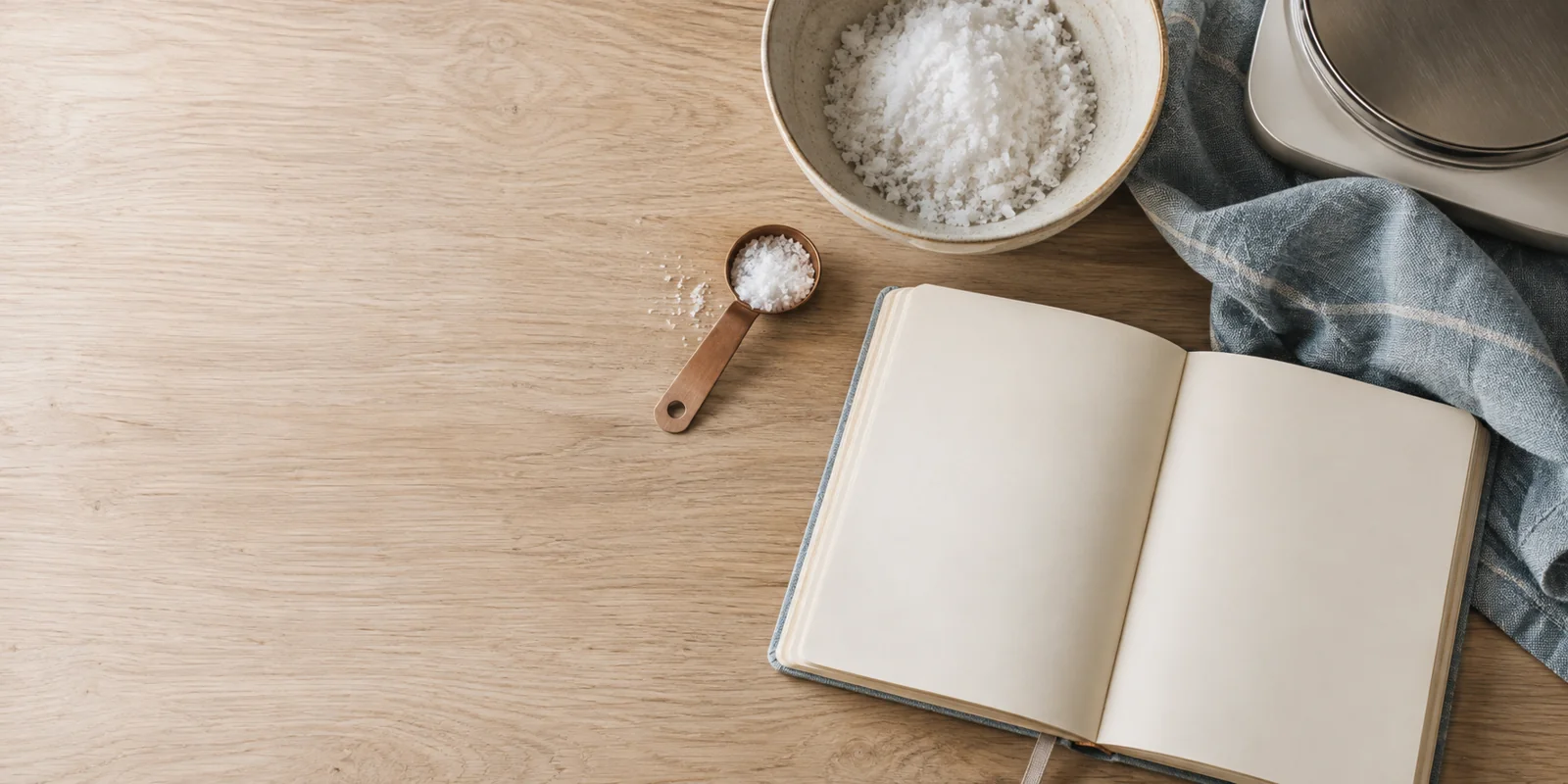 Rezeptbuch, Salz und Messlöffel auf einer hellen Arbeitsfläche