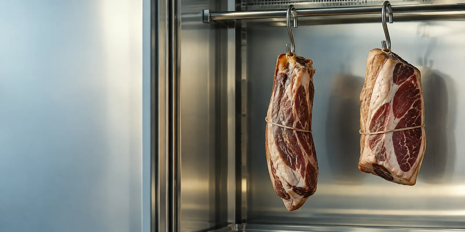 Zwei gepökelte Fleischstücke in einem sauberen Reifeschrank