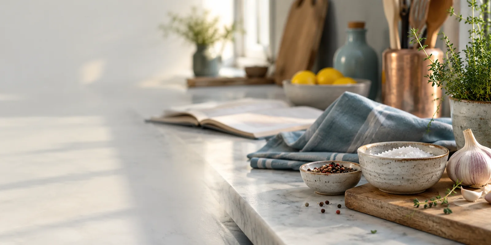 Rezeptbuch, Gewürze und Leinen in einer hellen Küche