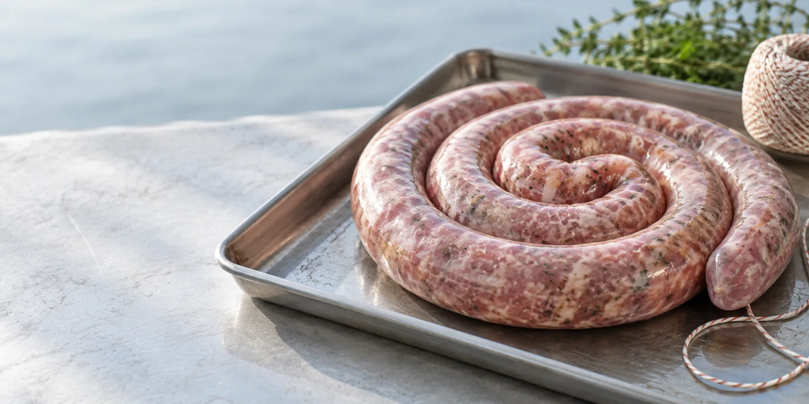 Frische grobe Bratwurst in einer sauberen Edelstahlschale