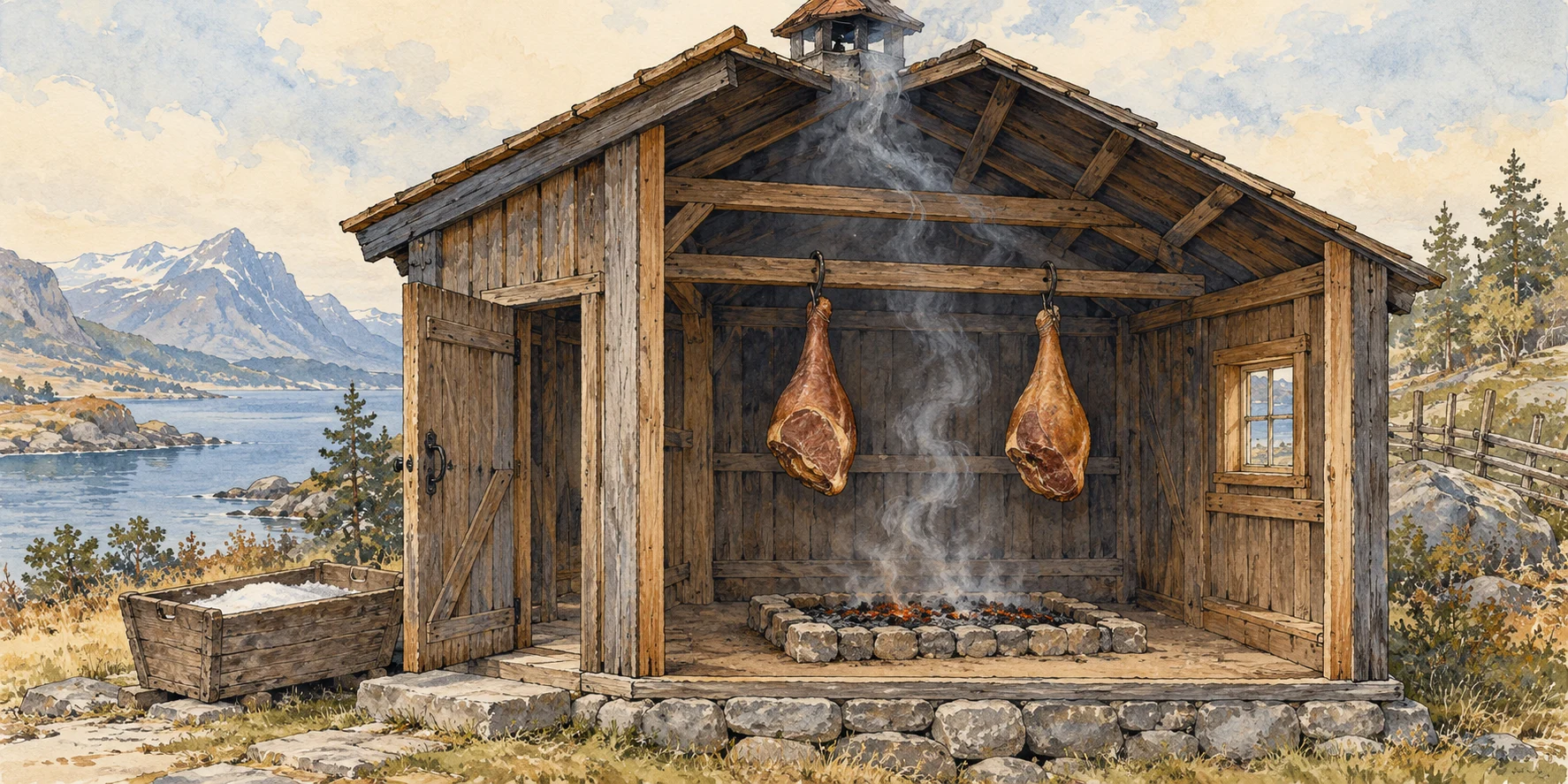 Illustrativer Schnitt durch ein traditionelles Rauchhaus: Hängegut, Glutbett, aufsteigender Rauch und Dachabzug